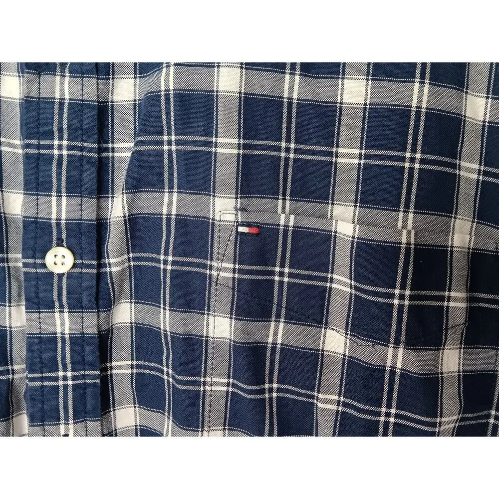 Tommy Hilfiger XXL Custom Fit Blue White Plaid Button Down Shirt Cotton Casual - Picture 14 of 16